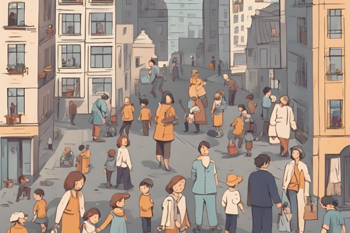 a group of people in a street description automat