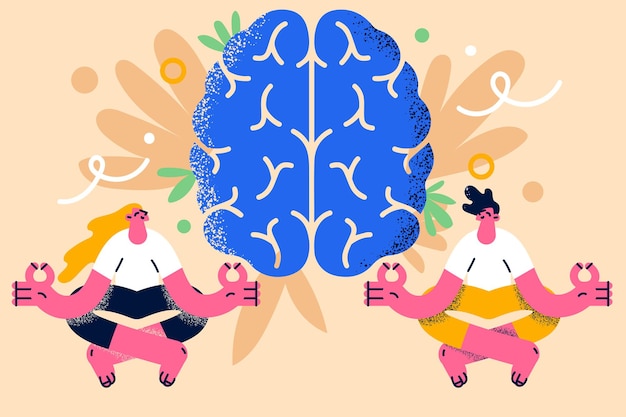 Méditation, harmonie, concept de santé cérébrale. Jeune couple souriant, femme et homme assis méditant avec les doigts croisés et un énorme cerveau bleu à l'illustration vectorielle de fond | Vecteur Premium